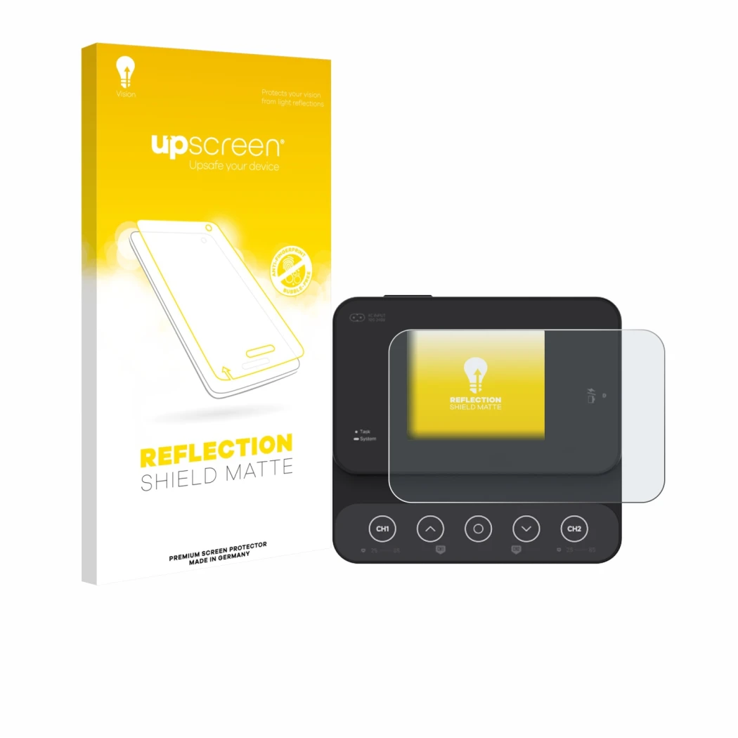 Parte frontale di una confezione del prodotto con il logo del marchio upscreen. Accanto è raffigurato il dispositivo ISDT K2Zi