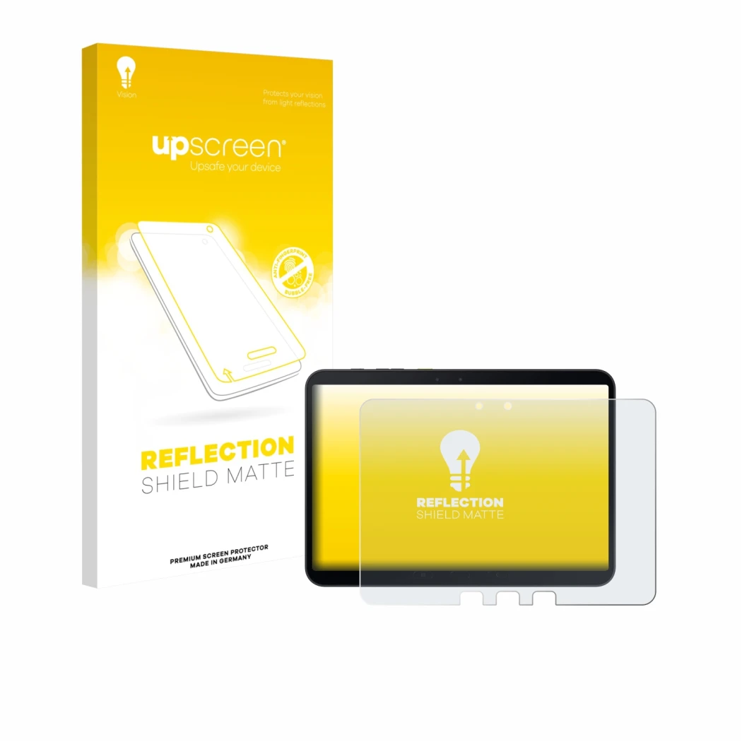 Parte frontale di una confezione del prodotto con il logo del marchio upscreen. Accanto è raffigurato il dispositivo Samsung G