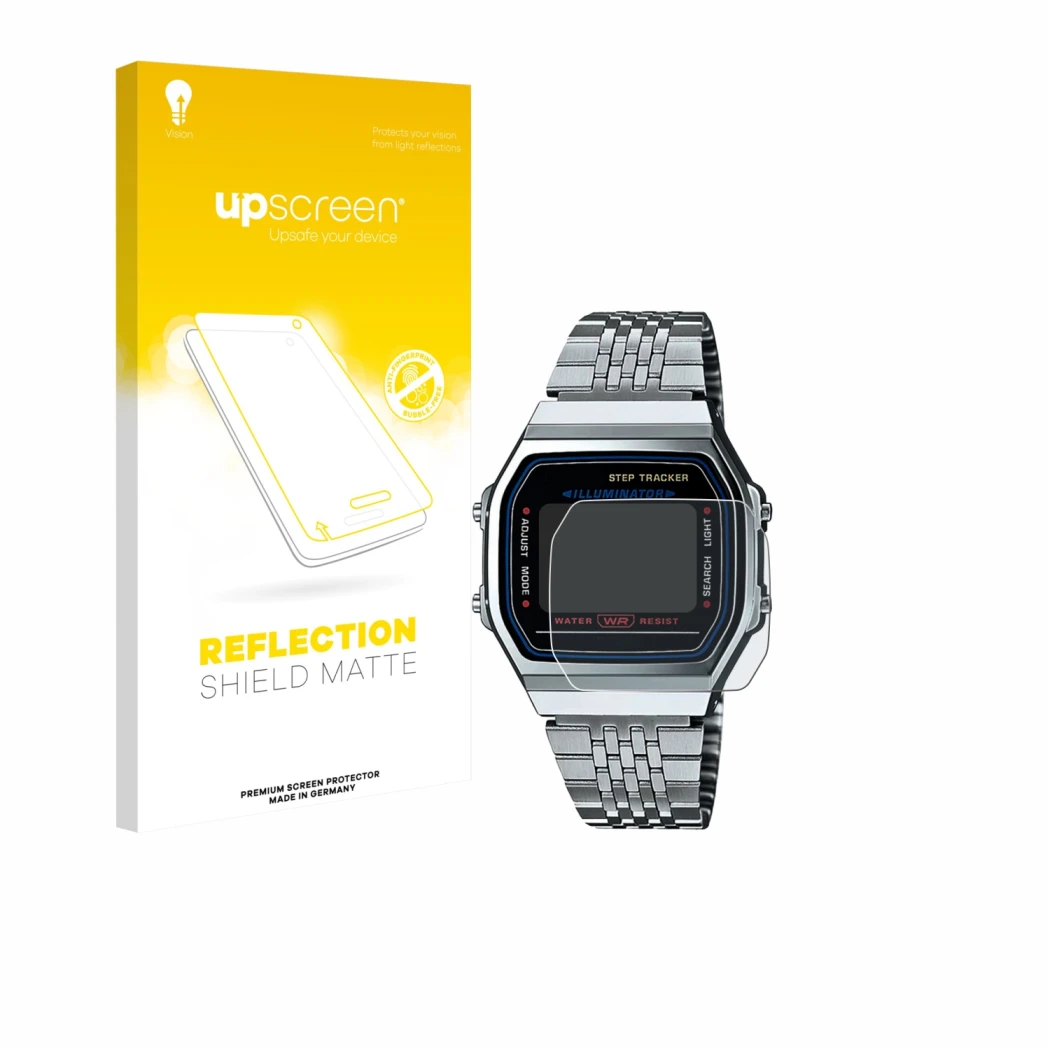 Parte frontale di una confezione del prodotto con il logo del marchio upscreen. Accanto è raffigurato il dispositivo Casio ico