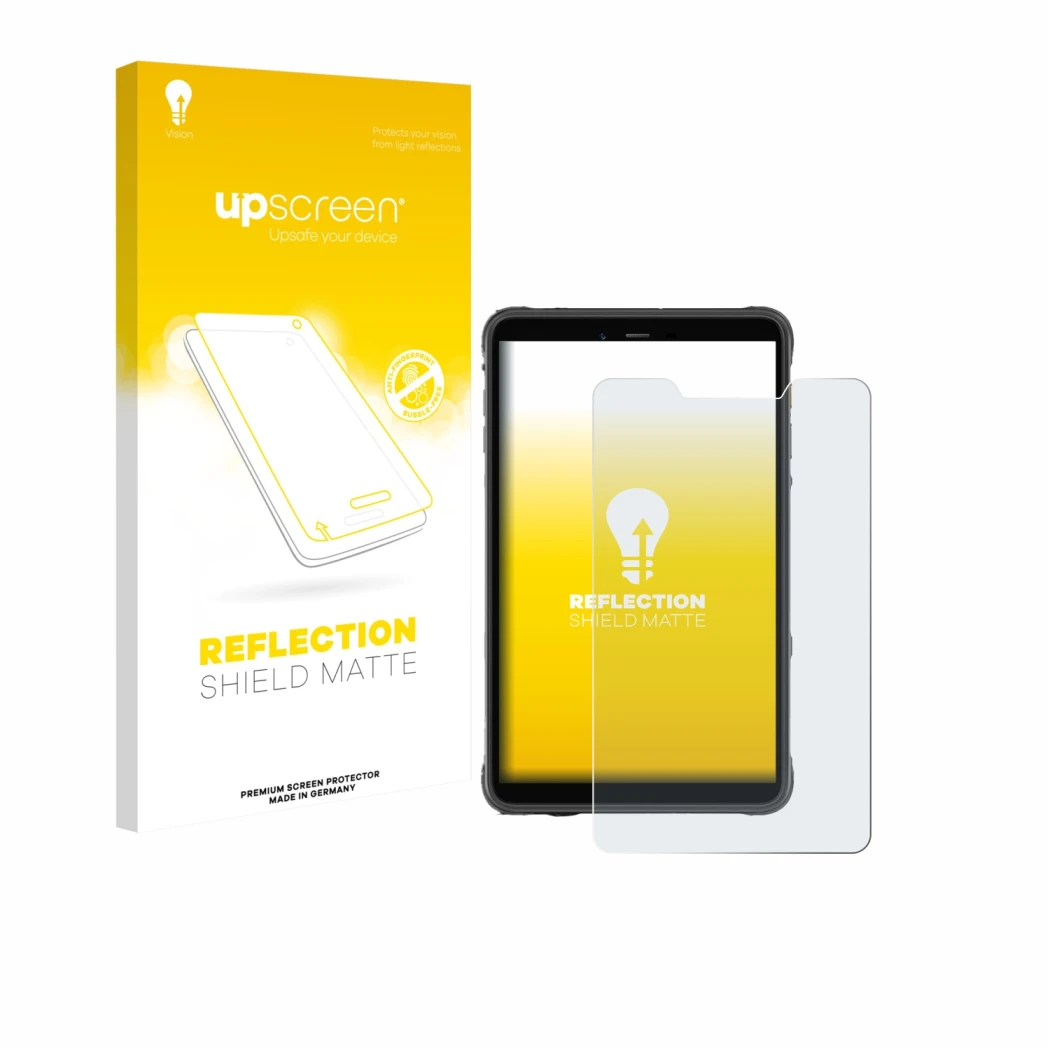 Parte frontale di una confezione del prodotto con il logo del marchio upscreen. Accanto è raffigurato il dispositivo Ulefone A