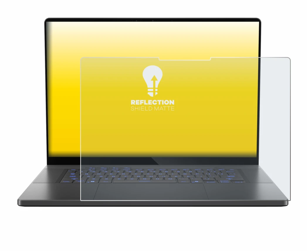 Immagine del dispositivo ASUS ROG Zephyrus G16 2025 con un'ampia varietà di protezioni per lo schermo.