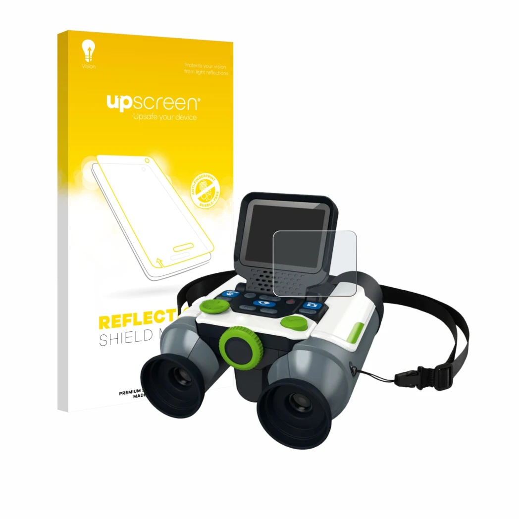 Parte frontale di una confezione del prodotto con il logo del marchio upscreen. Accanto è raffigurato il dispositivo Vtech Bin