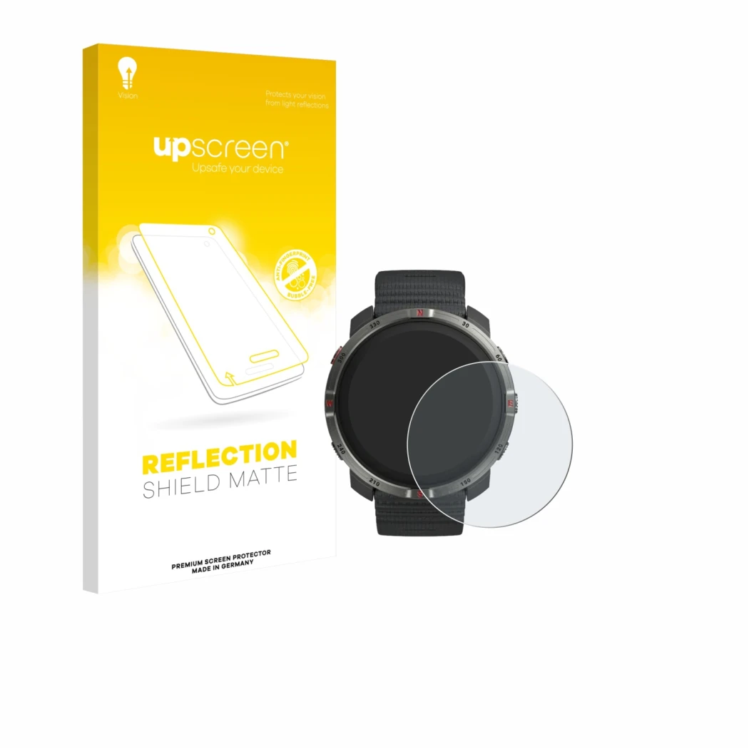 Parte frontale di una confezione del prodotto con il logo del marchio upscreen. Accanto è raffigurato il dispositivo Polar Gri