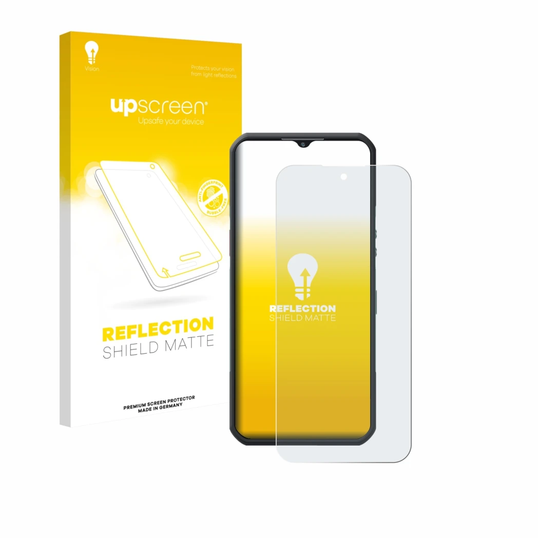 Parte frontale di una confezione del prodotto con il logo del marchio upscreen. Accanto è raffigurato il dispositivo Oukitel W