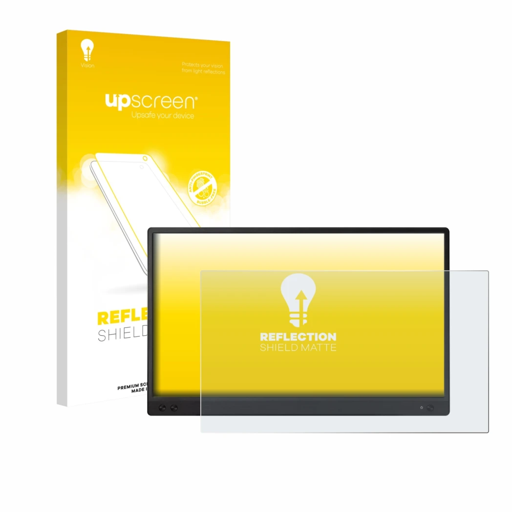 Parte frontale di una confezione del prodotto con il logo del marchio upscreen. Accanto è raffigurato il dispositivo ASUS ZenS