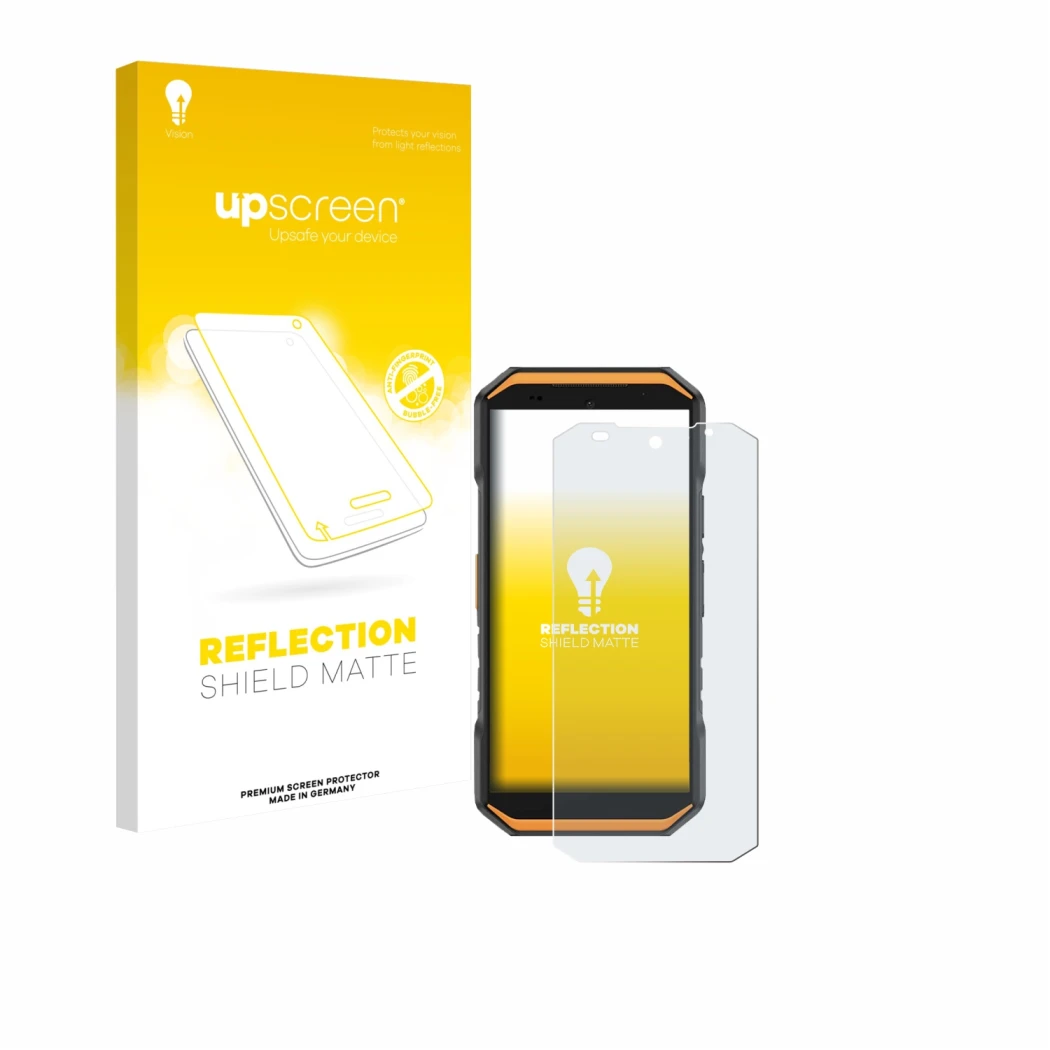 Parte frontale di una confezione del prodotto con il logo del marchio upscreen. Accanto è raffigurato il dispositivo Ulefone A