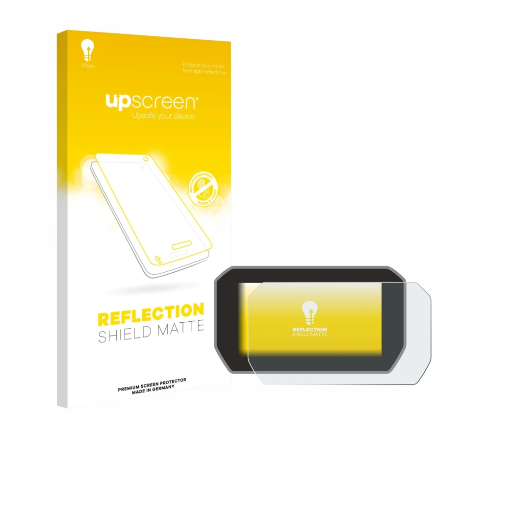 Parte frontale di una confezione del prodotto con il logo del marchio upscreen. Accanto è raffigurato il dispositivo Ducati V4