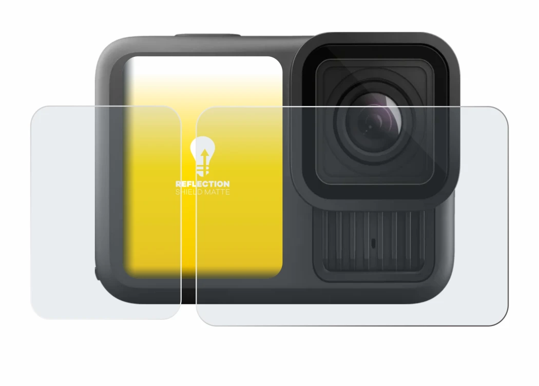 Immagine del dispositivo GoPro Hero 13 Black Creator Edition con un'ampia varietà di protezioni per lo schermo.