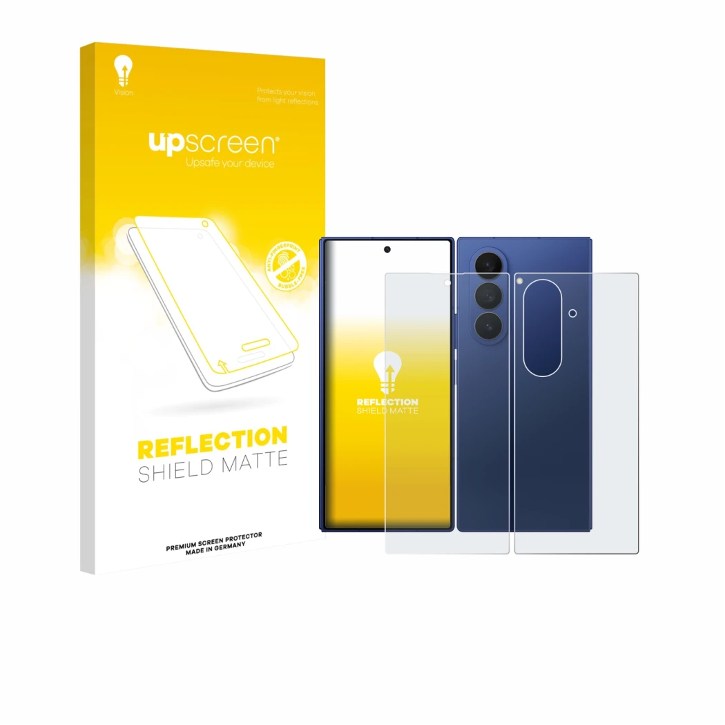 Parte frontale di una confezione del prodotto con il logo del marchio upscreen. Accanto è raffigurato il dispositivo Samsung G