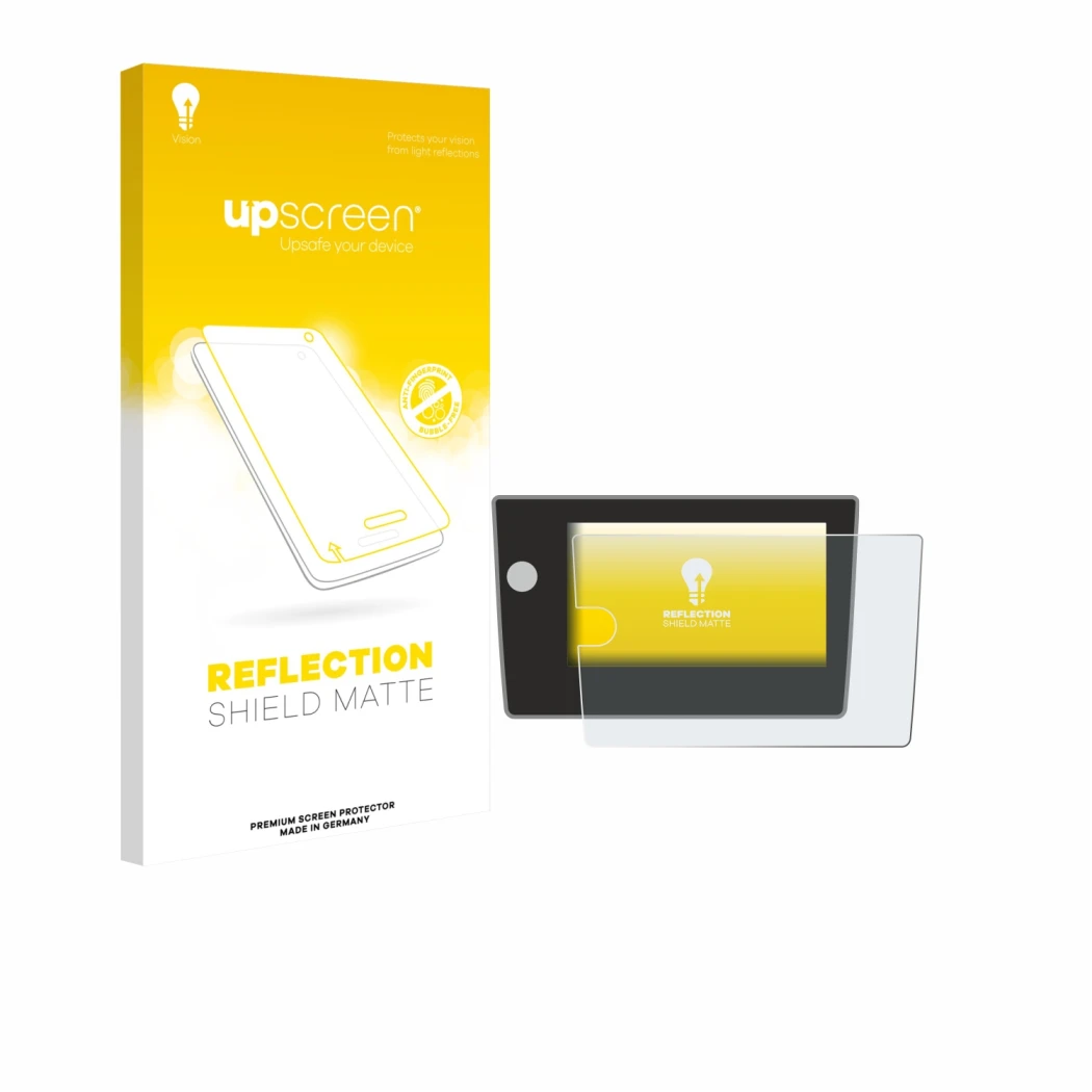 Parte frontale di una confezione del prodotto con il logo del marchio upscreen. Accanto è raffigurato il dispositivo Volkswage