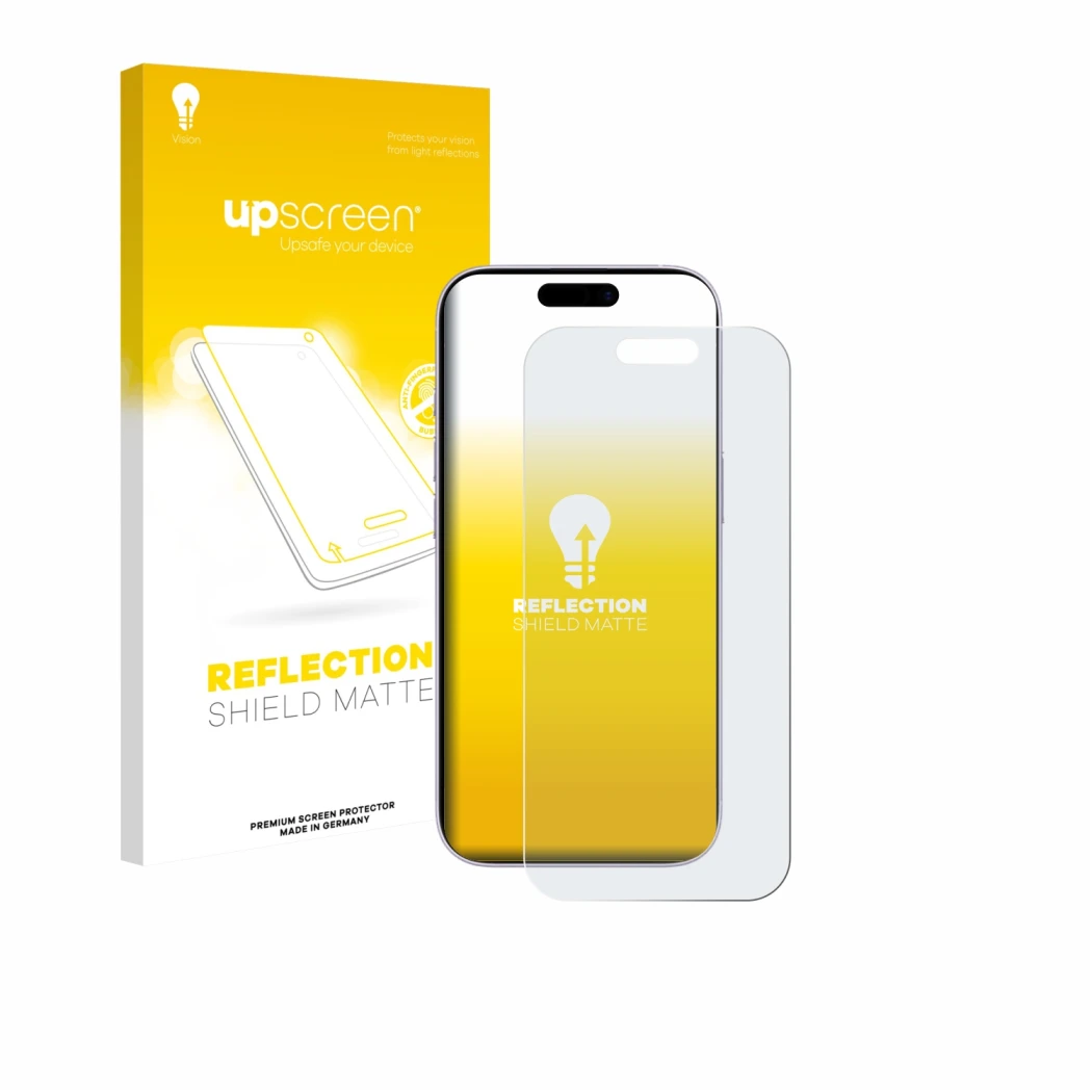 Parte frontale di una confezione del prodotto con il logo del marchio upscreen. Accanto è raffigurato il dispositivo Apple iPh