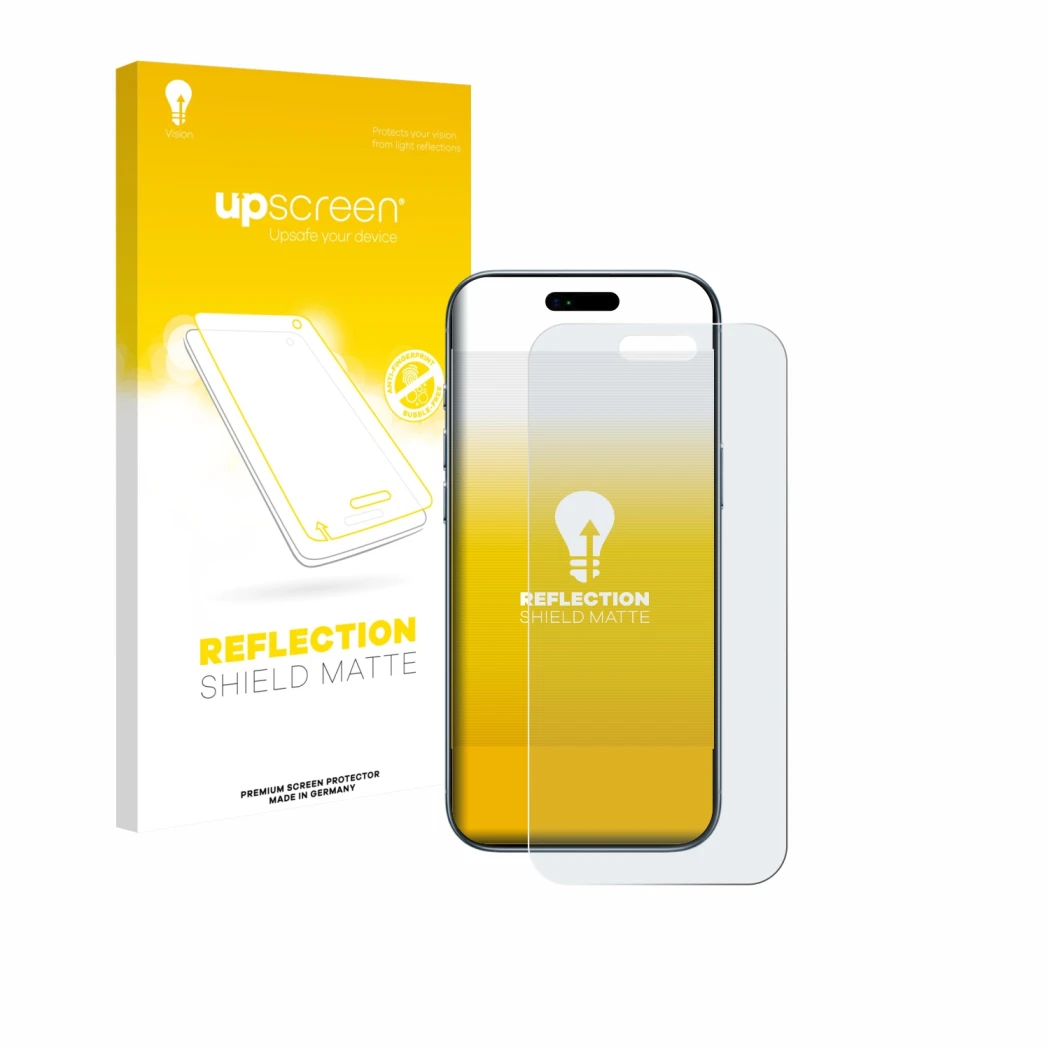 Parte frontale di una confezione del prodotto con il logo del marchio upscreen. Accanto è raffigurato il dispositivo Apple iPh