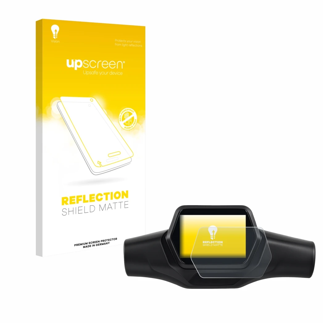 Parte frontale di una confezione del prodotto con il logo del marchio upscreen. Accanto è raffigurato il dispositivo Segway Ni