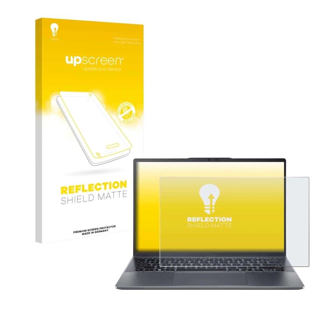 Parte frontale di una confezione del prodotto con il logo del marchio upscreen. Accanto è raffigurato il dispositivo Acer Swif