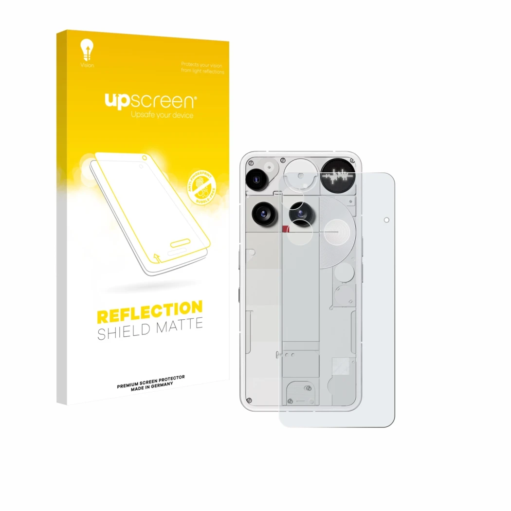 Parte frontale di una confezione del prodotto con il logo del marchio upscreen. Accanto è raffigurato il dispositivo Nothing P