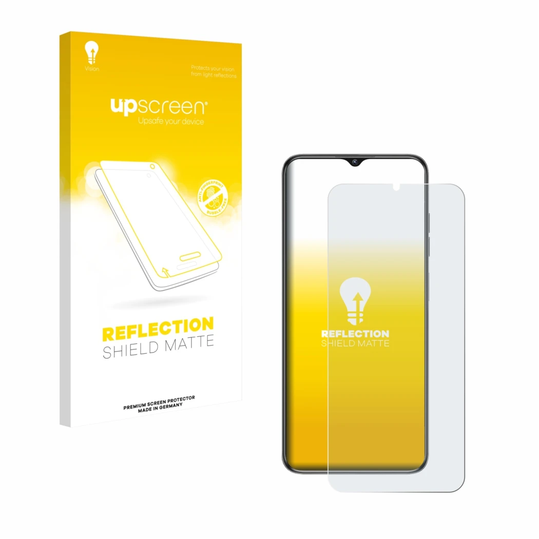 Parte frontale di una confezione del prodotto con il logo del marchio upscreen. Accanto è raffigurato il dispositivo Oukitel C