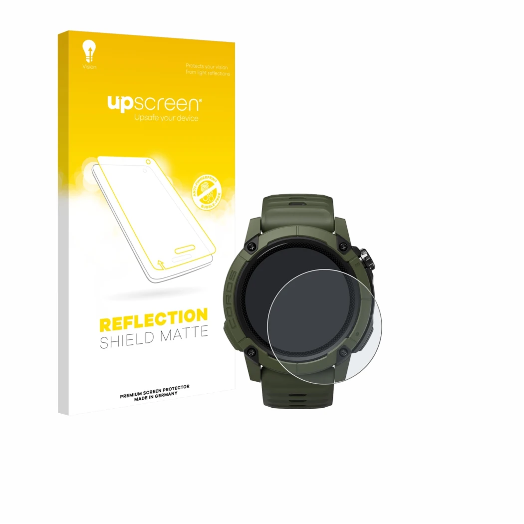 Parte frontale di una confezione del prodotto con il logo del marchio upscreen. Accanto è raffigurato il dispositivo Coros NOM