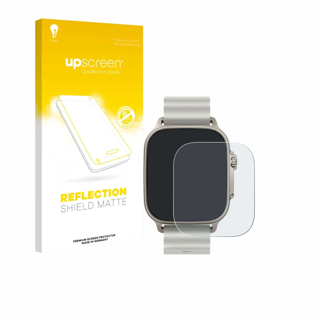Parte frontale di una confezione del prodotto con il logo del marchio upscreen. Accanto è raffigurato il dispositivo realme Wa