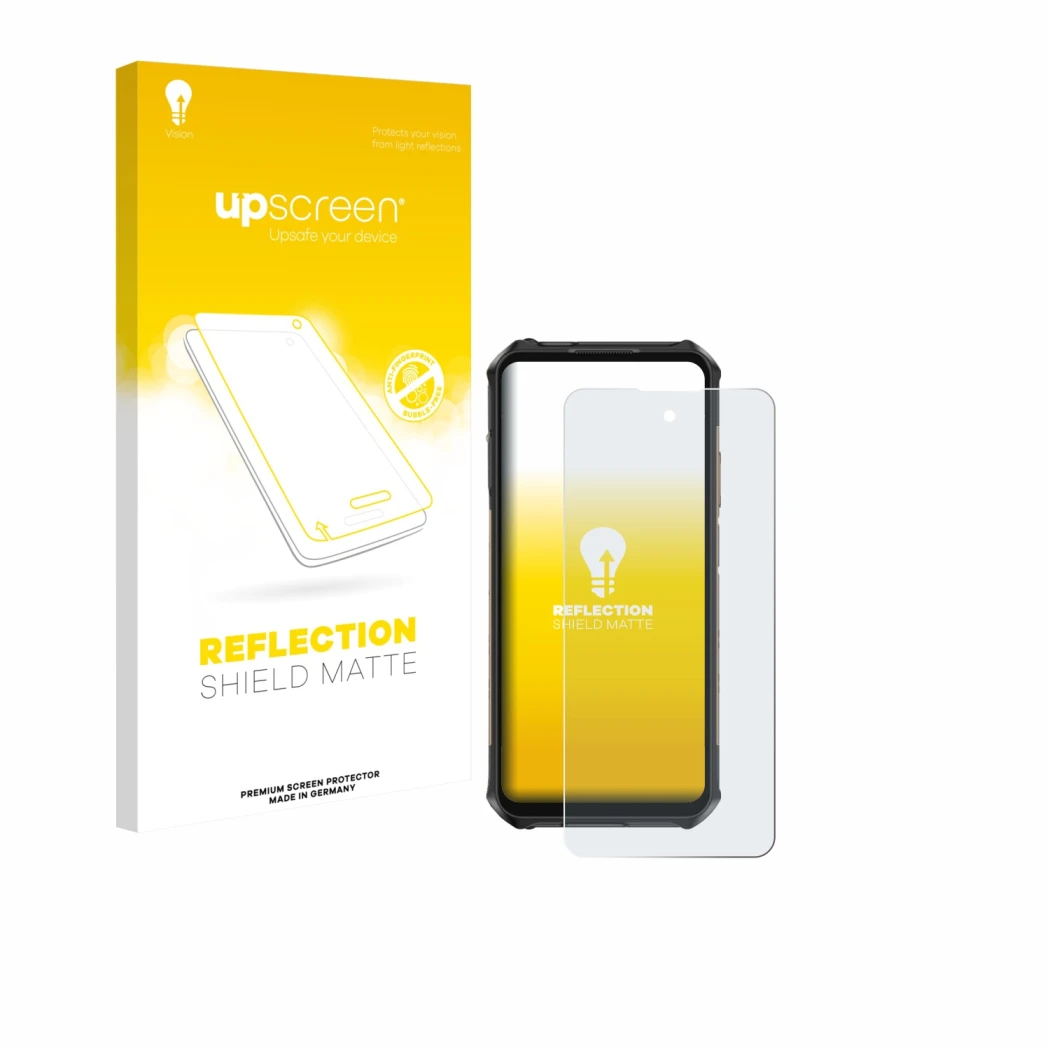 Parte frontale di una confezione del prodotto con il logo del marchio upscreen. Accanto è raffigurato il dispositivo Ulefone A