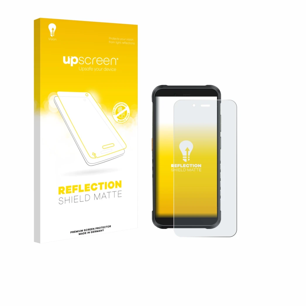 Parte frontale di una confezione del prodotto con il logo del marchio upscreen. Accanto è raffigurato il dispositivo Ulefone R