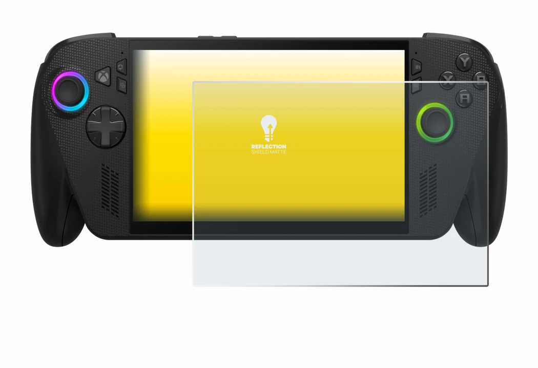 Immagine del dispositivo ASUS ROG Ally X 2025 con un'ampia varietà di protezioni per lo schermo.