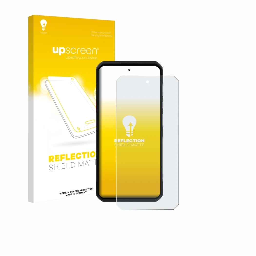 Parte frontale di una confezione del prodotto con il logo del marchio upscreen. Accanto è raffigurato il dispositivo Oukitel W