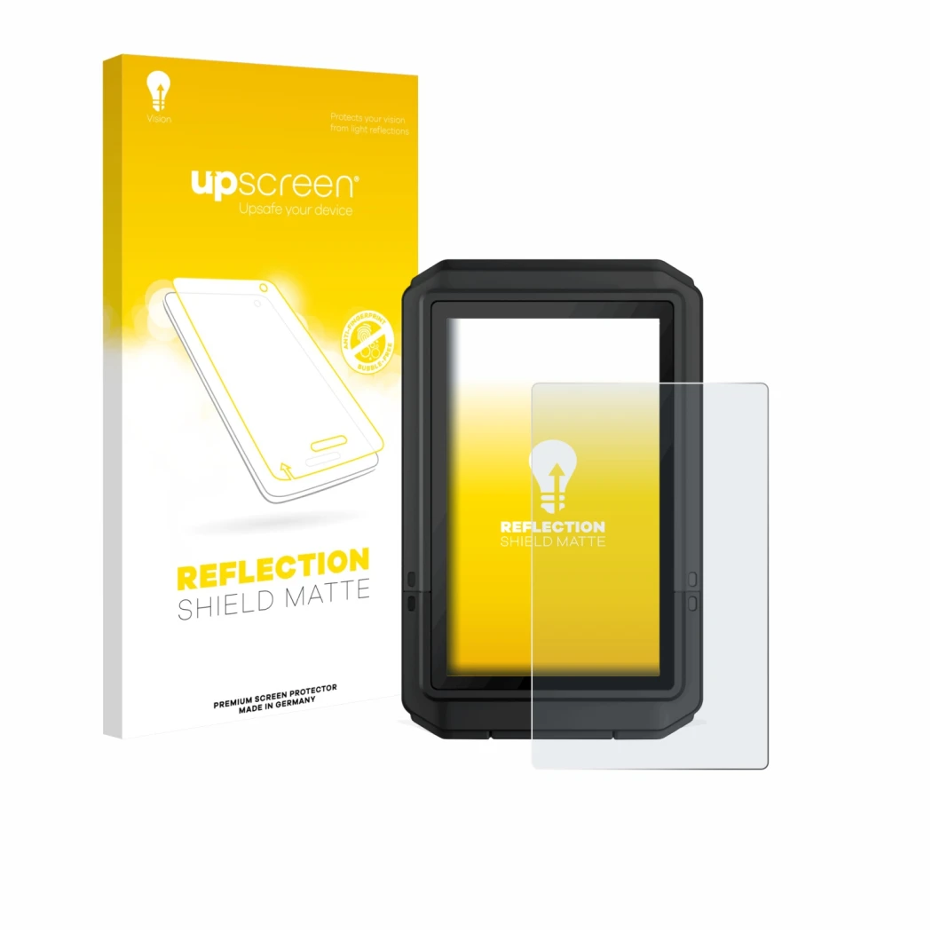 Parte frontale di una confezione del prodotto con il logo del marchio upscreen. Accanto è raffigurato il dispositivo Garmin eT