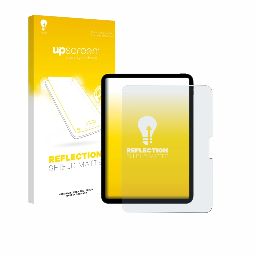 Parte frontale di una confezione del prodotto con il logo del marchio upscreen. Accanto è raffigurato il dispositivo Apple iPa