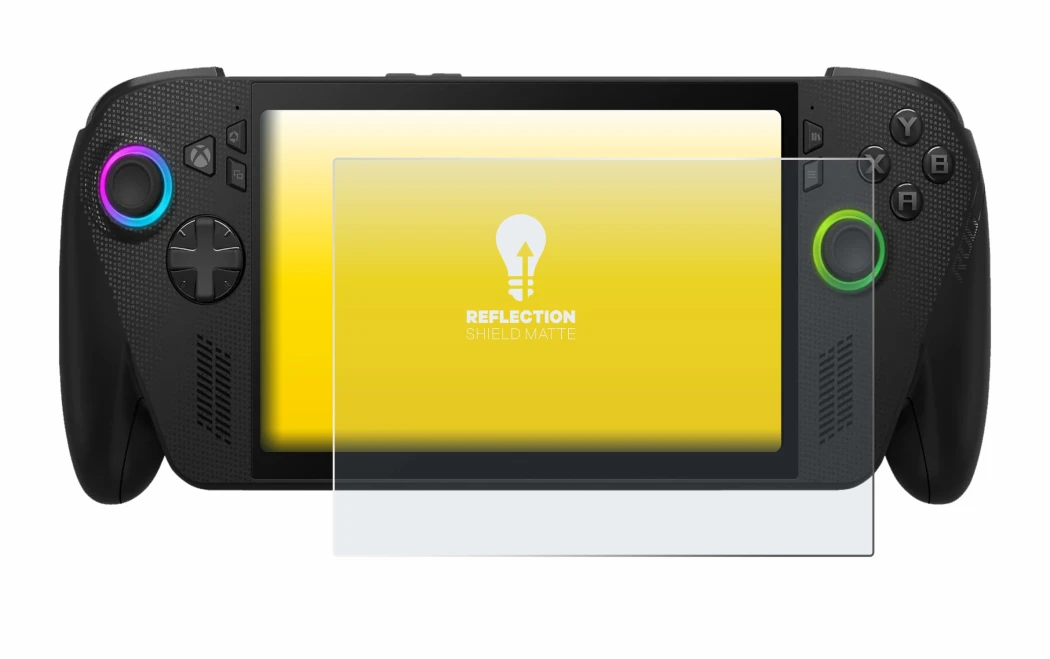 Immagine del dispositivo ASUS ROG Xbox Ally X con un'ampia varietà di protezioni per lo schermo.