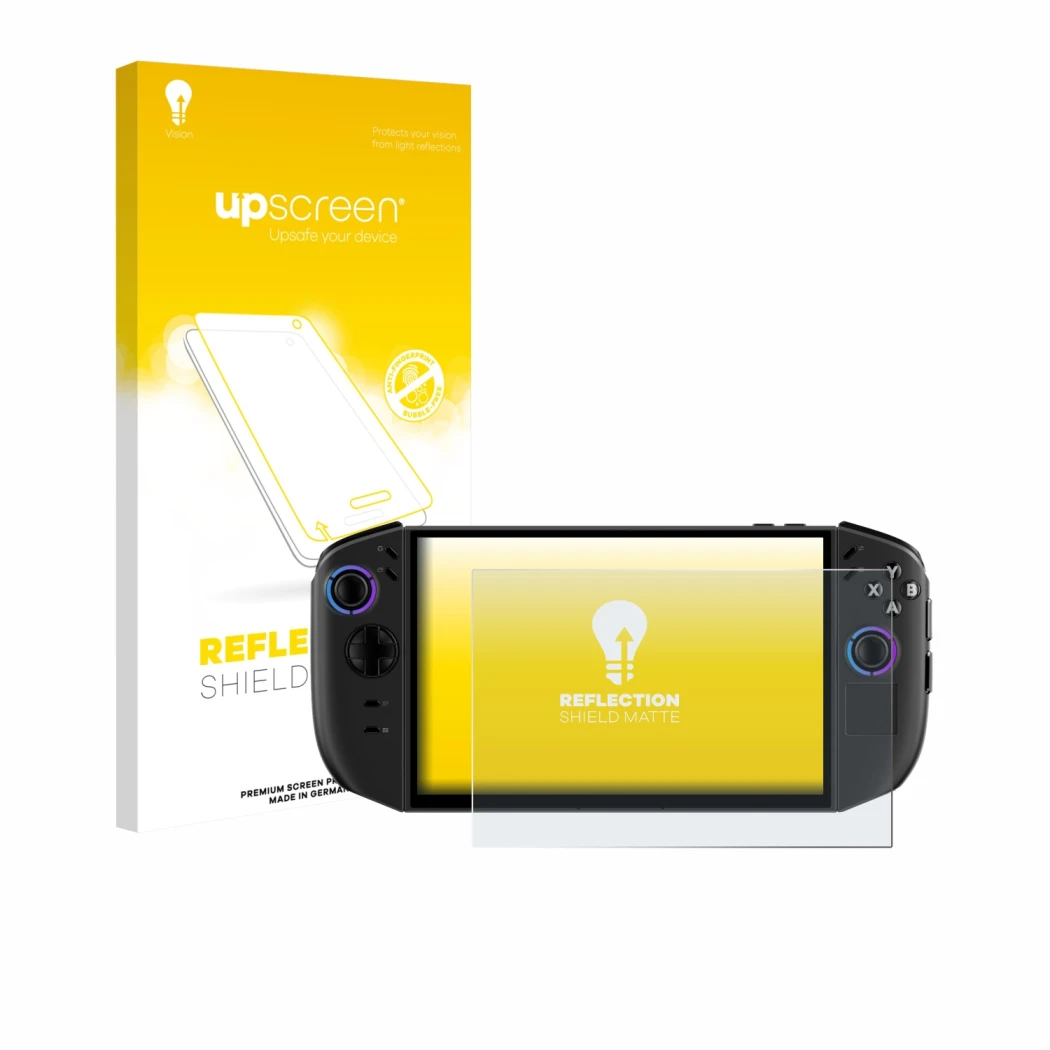 Parte frontale di una confezione del prodotto con il logo del marchio upscreen. Accanto è raffigurato il dispositivo Lenovo Le