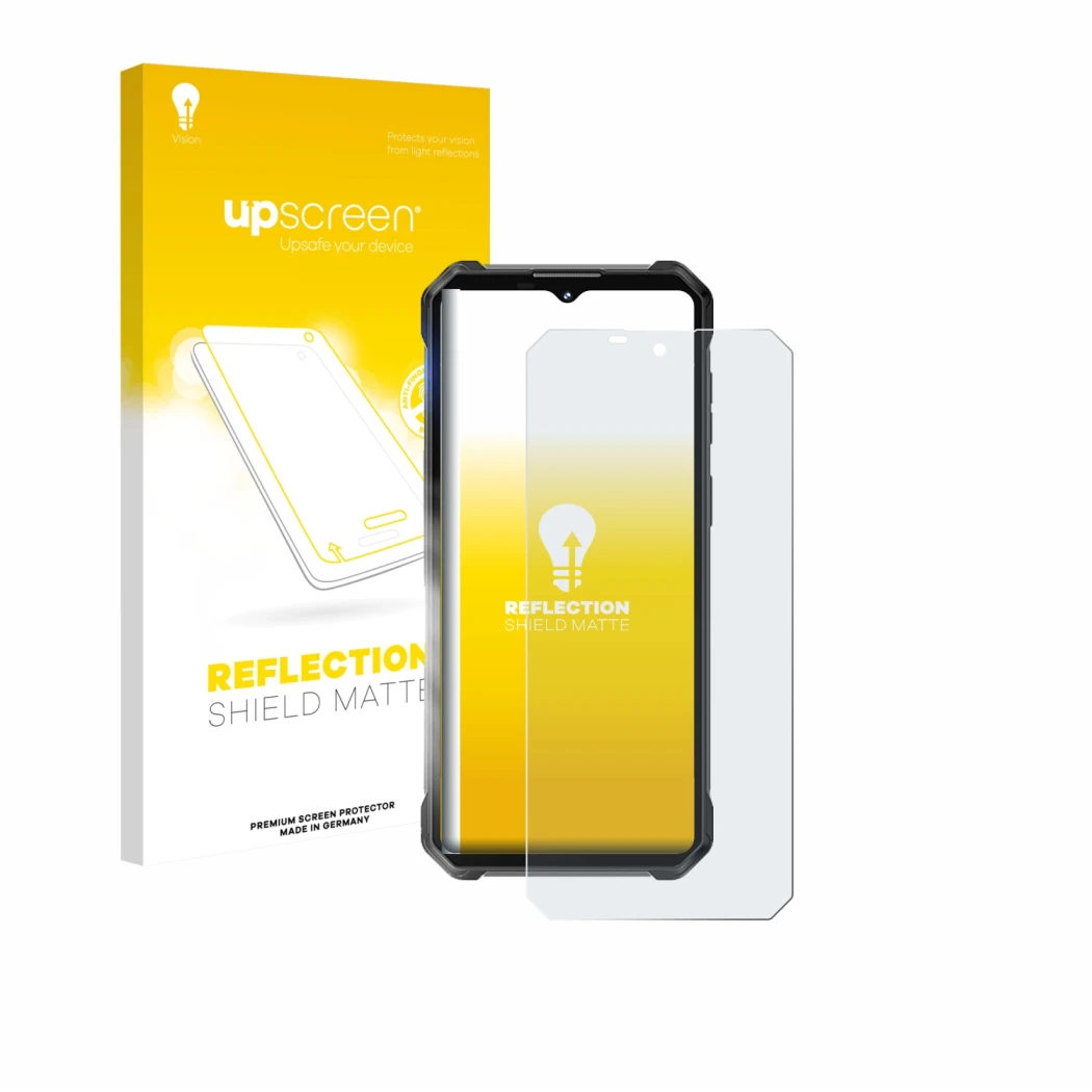 Parte frontale di una confezione del prodotto con il logo del marchio upscreen. Accanto è raffigurato il dispositivo Oukitel W