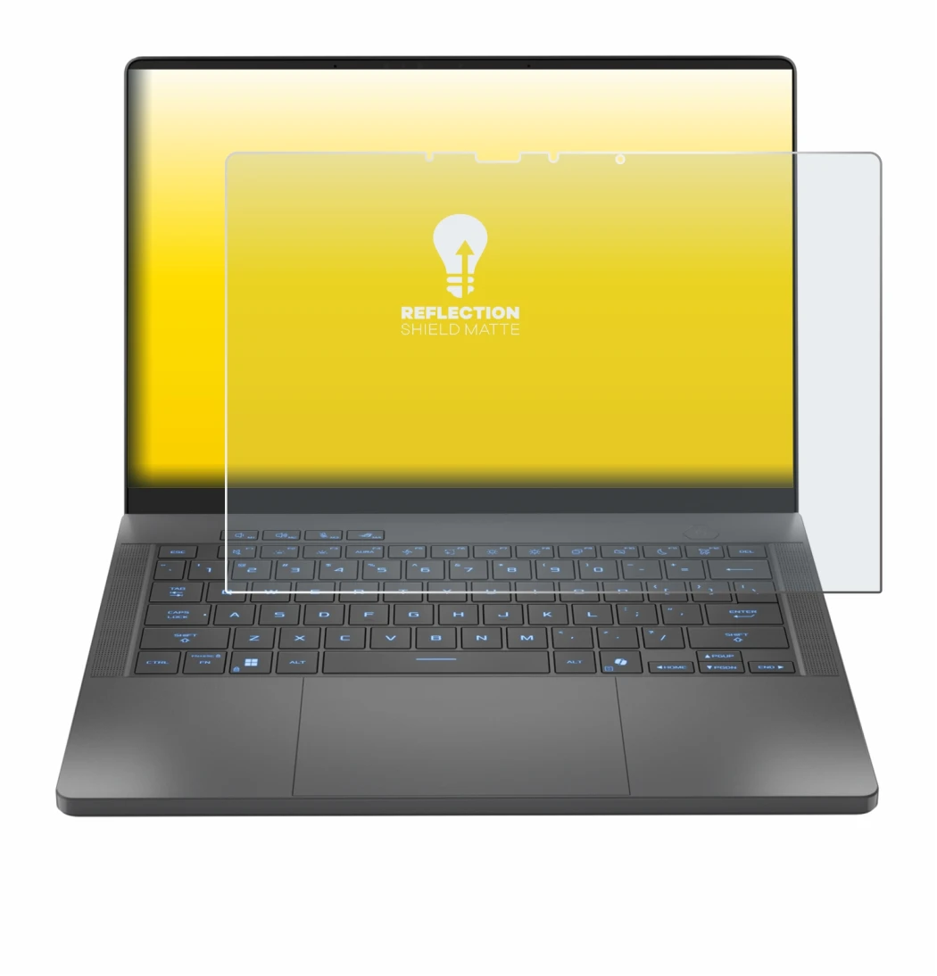 Immagine del dispositivo ASUS ROG Zephyrus G14 2025 GA403 con un'ampia varietà di protezioni per lo schermo.