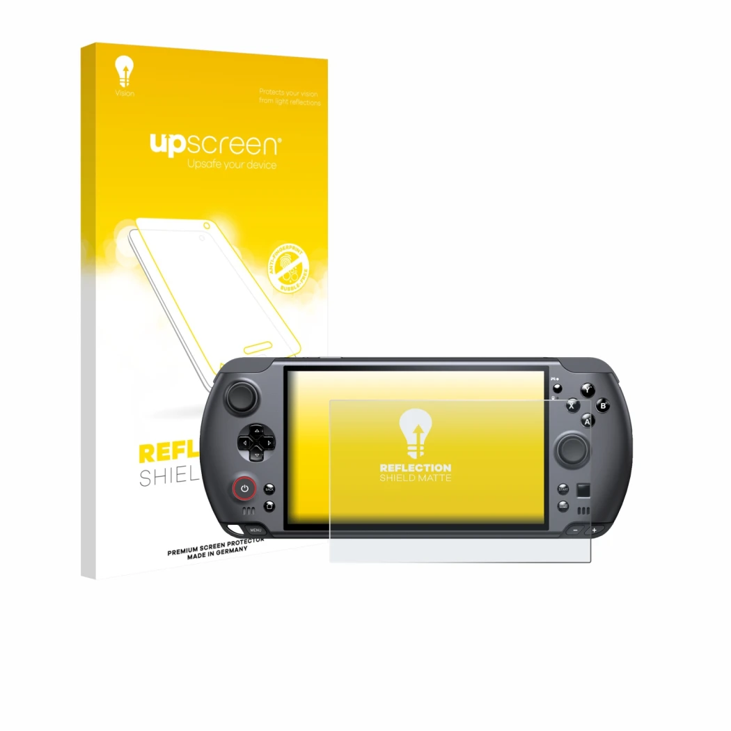 Parte frontale di una confezione del prodotto con il logo del marchio upscreen. Accanto è raffigurato il dispositivo GPD Win 5