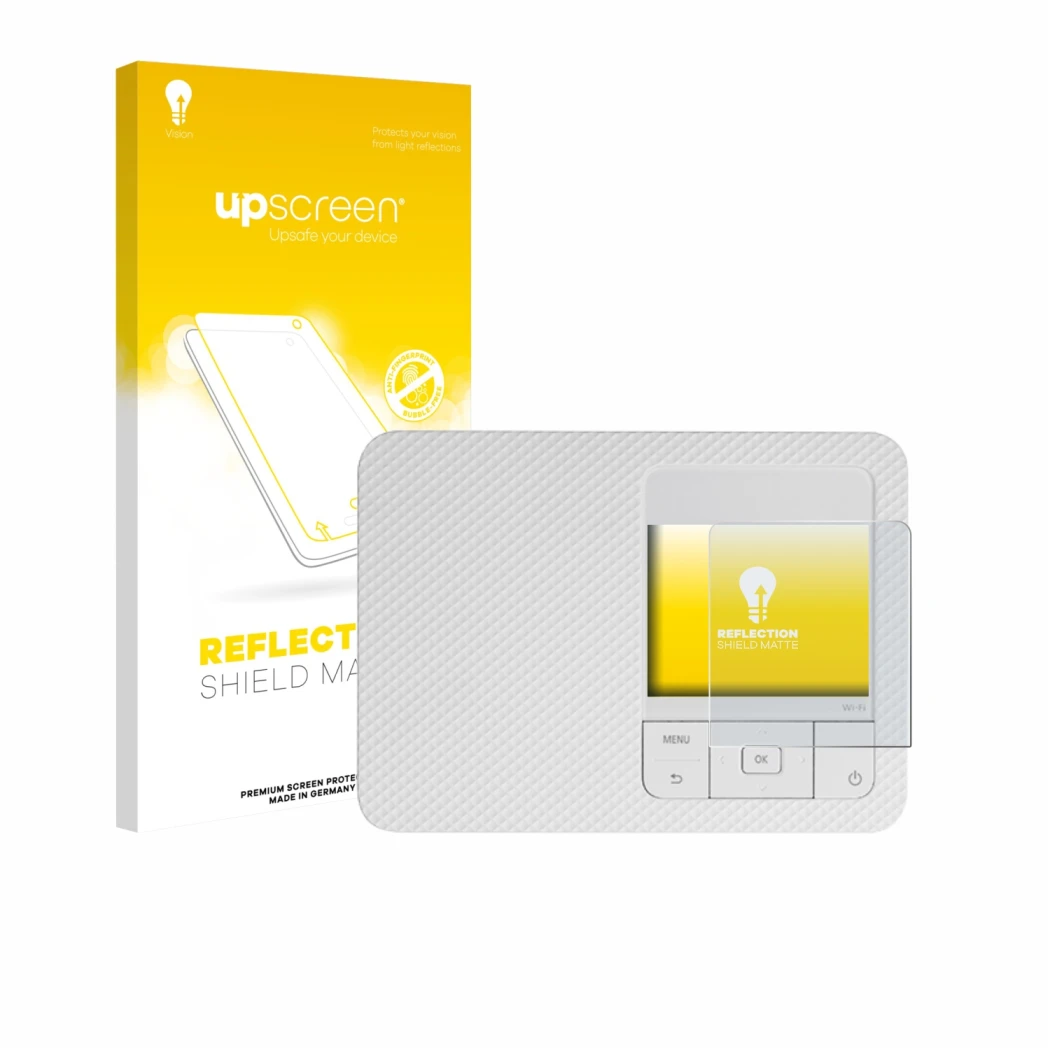 Parte frontale di una confezione del prodotto con il logo del marchio upscreen. Accanto è raffigurato il dispositivo Canon Sel