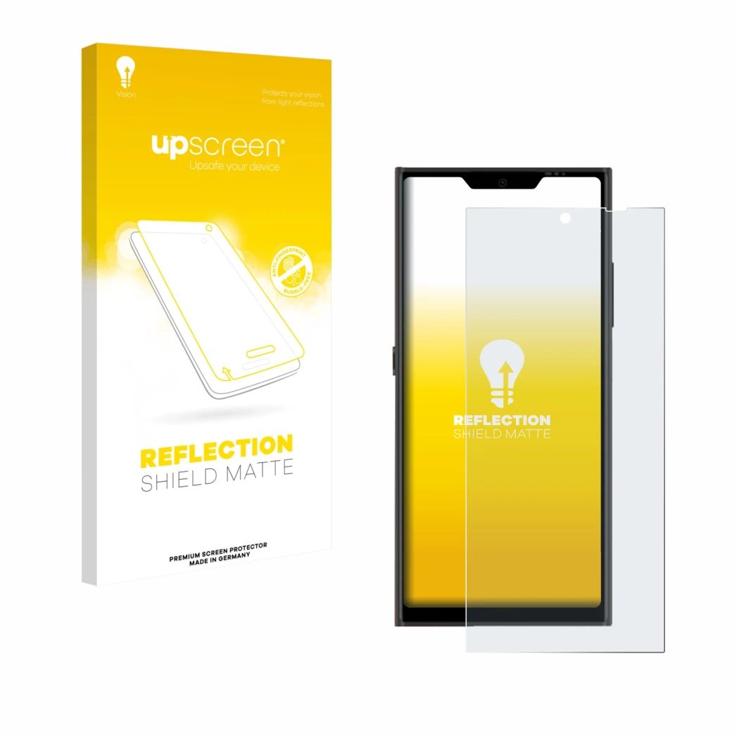 Parte frontale di una confezione del prodotto con il logo del marchio upscreen. Accanto è raffigurato il dispositivo Jolla Pho