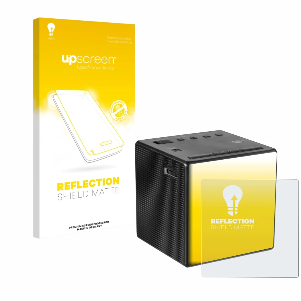 Parte frontale di una confezione del prodotto con il logo del marchio upscreen. Accanto è raffigurato il dispositivo Sony ICF-