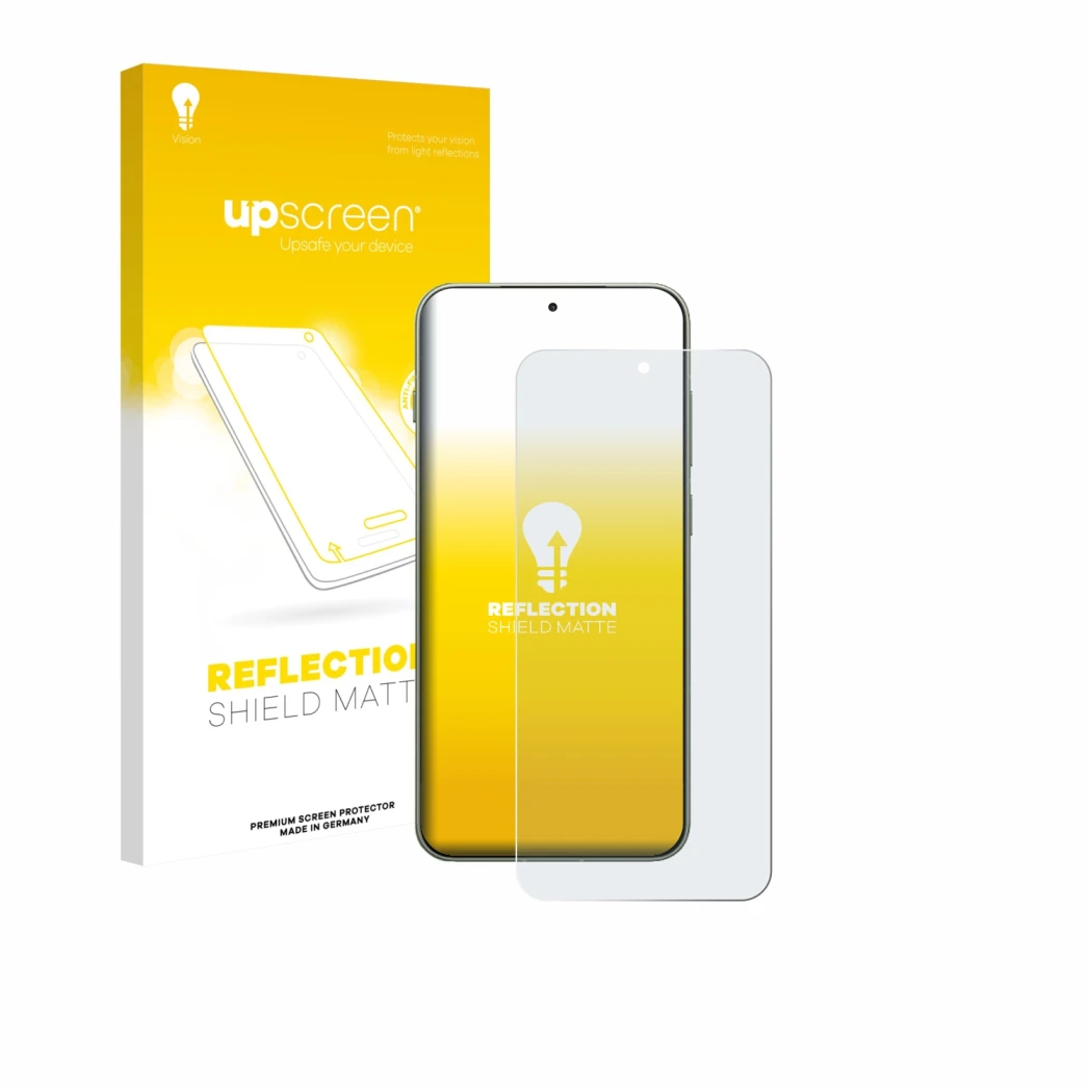 Parte frontale di una confezione del prodotto con il logo del marchio upscreen. Accanto è raffigurato il dispositivo OnePlus 1