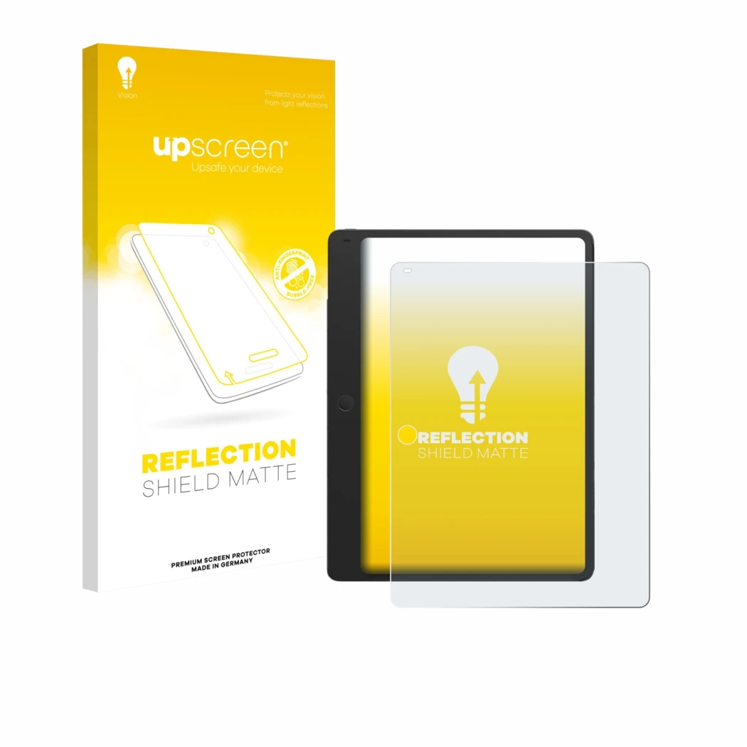 Parte frontale di una confezione del prodotto con il logo del marchio upscreen. Accanto è raffigurato il dispositivo TCL Note