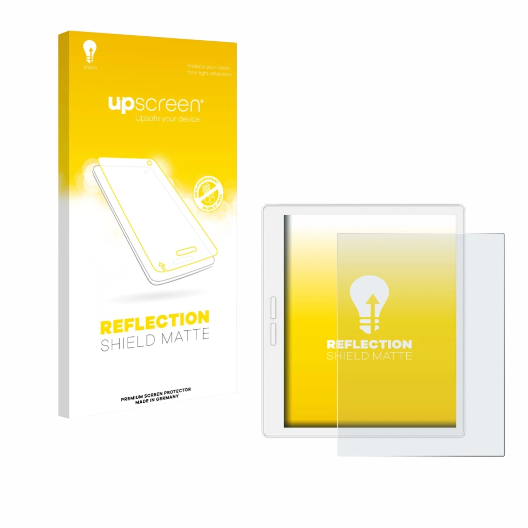 Parte frontale di una confezione del prodotto con il logo del marchio upscreen. Accanto è raffigurato il dispositivo Bigme B75
