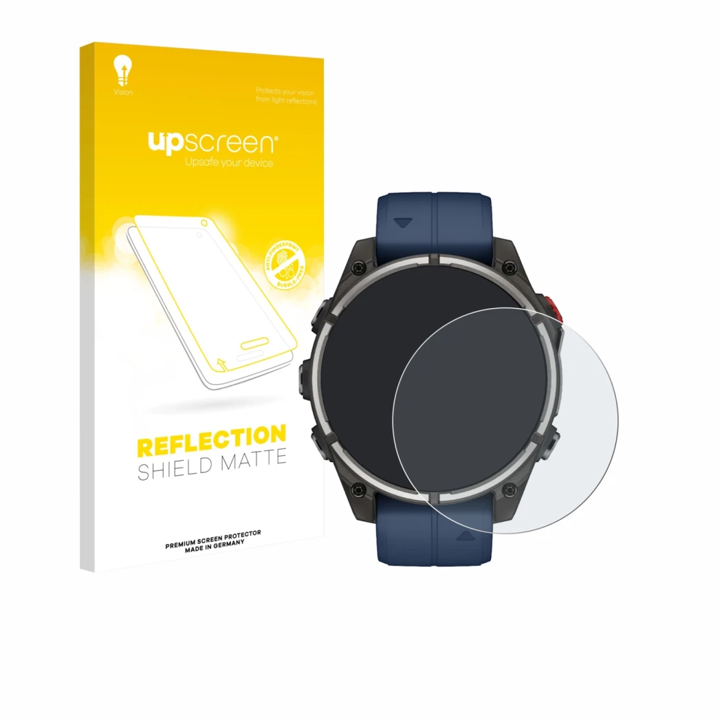 Parte frontale di una confezione del prodotto con il logo del marchio upscreen. Accanto è raffigurato il dispositivo Garmin qu