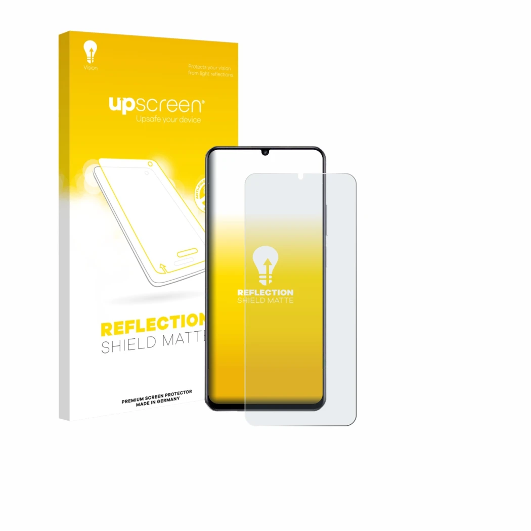 Parte frontale di una confezione del prodotto con il logo del marchio upscreen. Accanto è raffigurato il dispositivo realme No