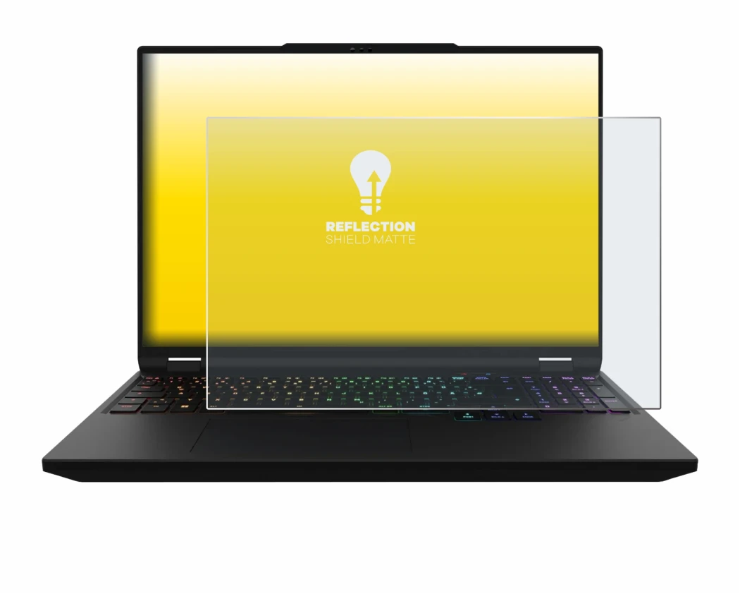 Immagine del dispositivo XMG Apex 16 Max con un'ampia varietà di protezioni per lo schermo.