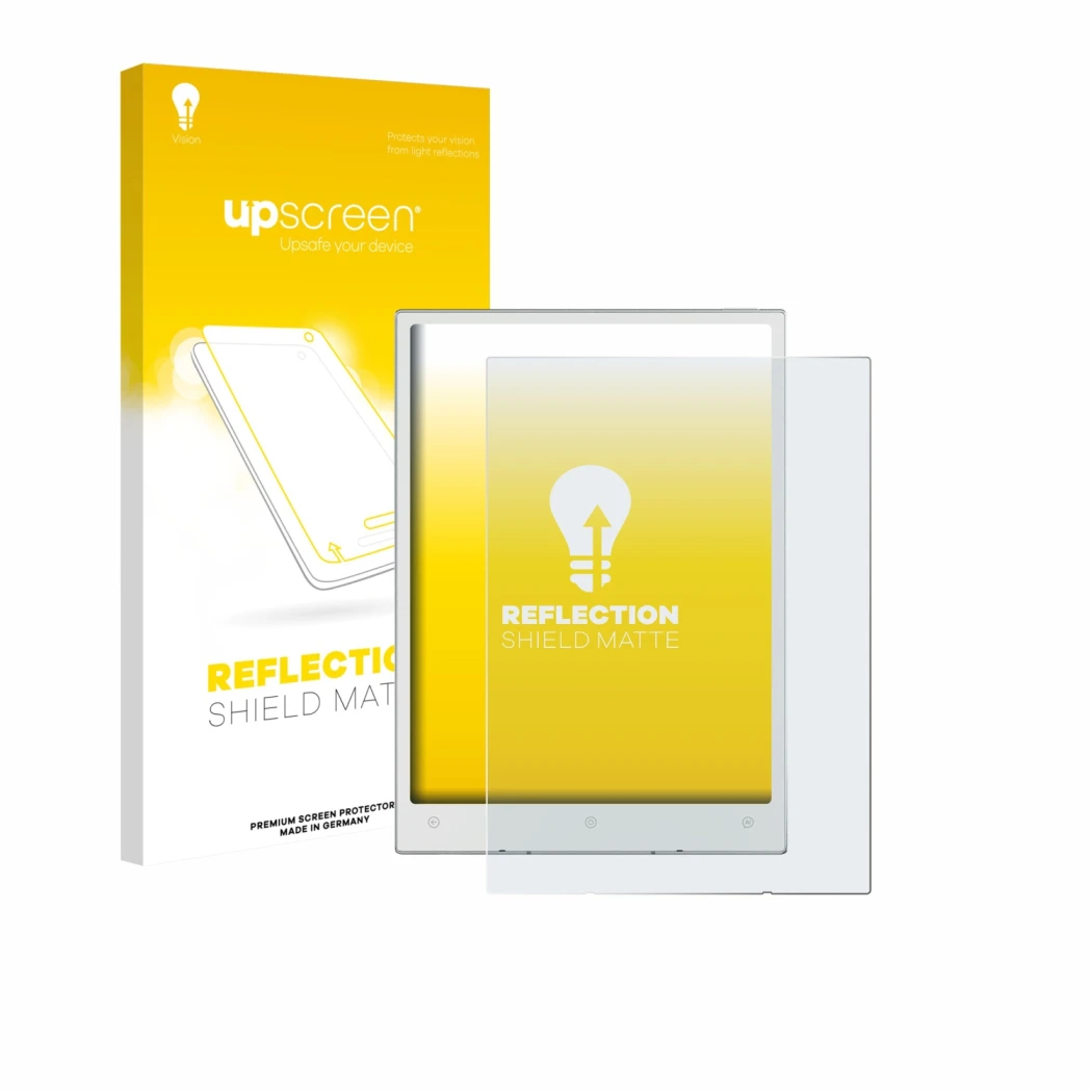 Parte frontale di una confezione del prodotto con il logo del marchio upscreen. Accanto è raffigurato il dispositivo Viwoods A