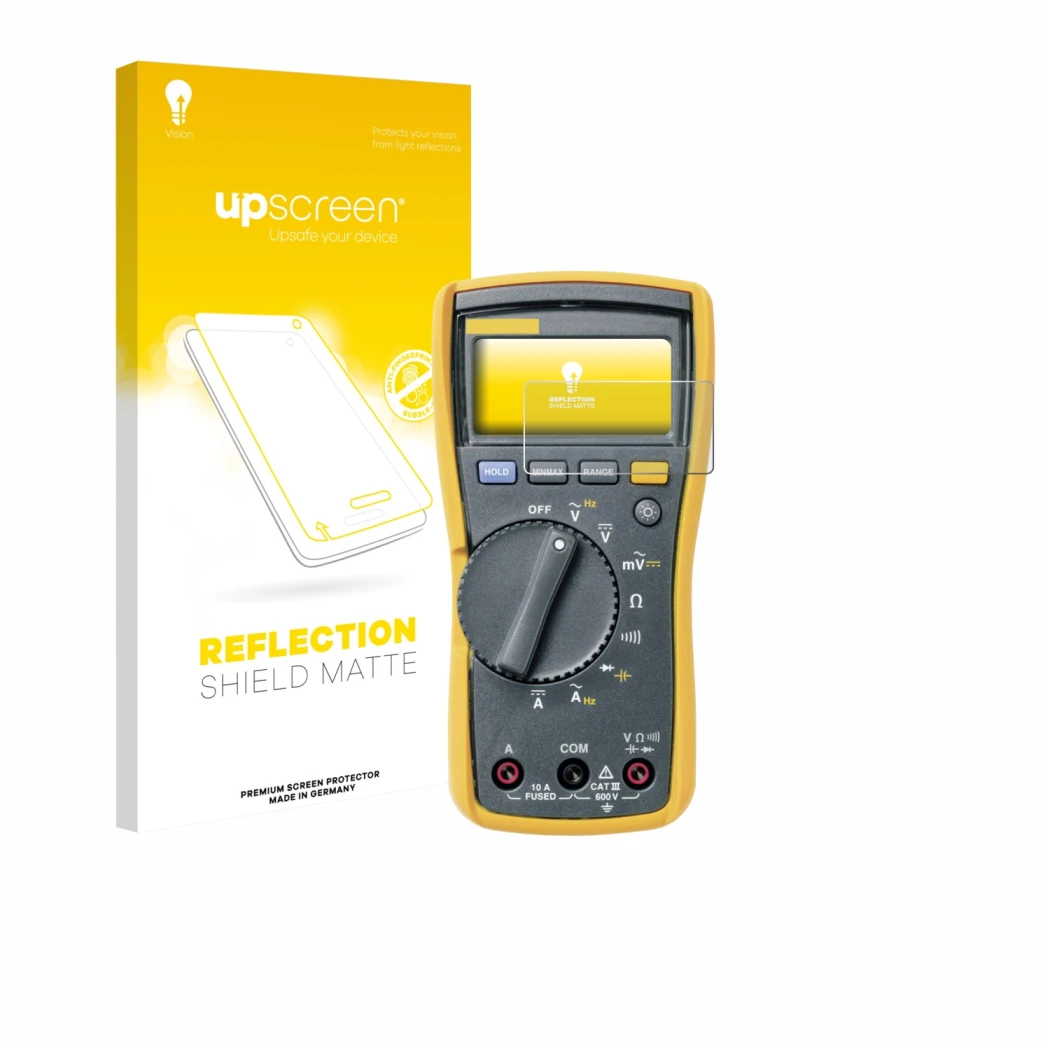 Parte frontale di una confezione del prodotto con il logo del marchio upscreen. Accanto è raffigurato il dispositivo Fluke 115