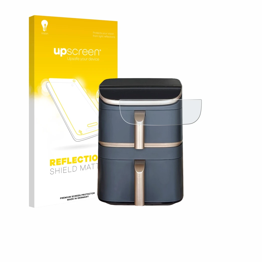 Parte frontale di una confezione del prodotto con il logo del marchio upscreen. Accanto è raffigurato il dispositivo Cosori Tu