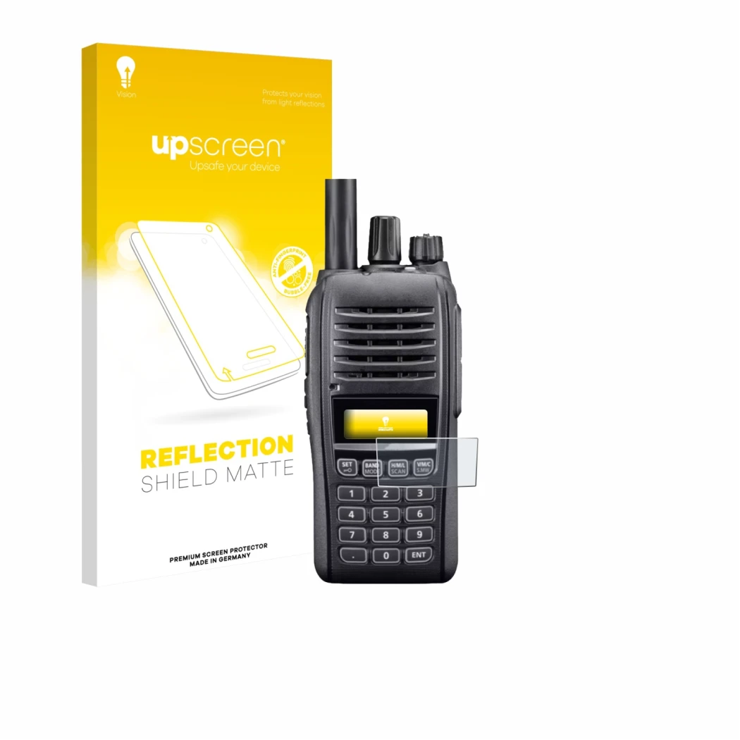 Parte frontale di una confezione del prodotto con il logo del marchio upscreen. Accanto è raffigurato il dispositivo Icom IC-T