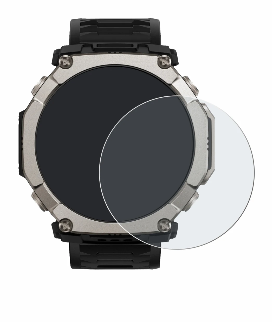 Immagine del dispositivo Huami Amazfit T-Rex Ultra 2 con un'ampia varietà di protezioni per lo schermo.