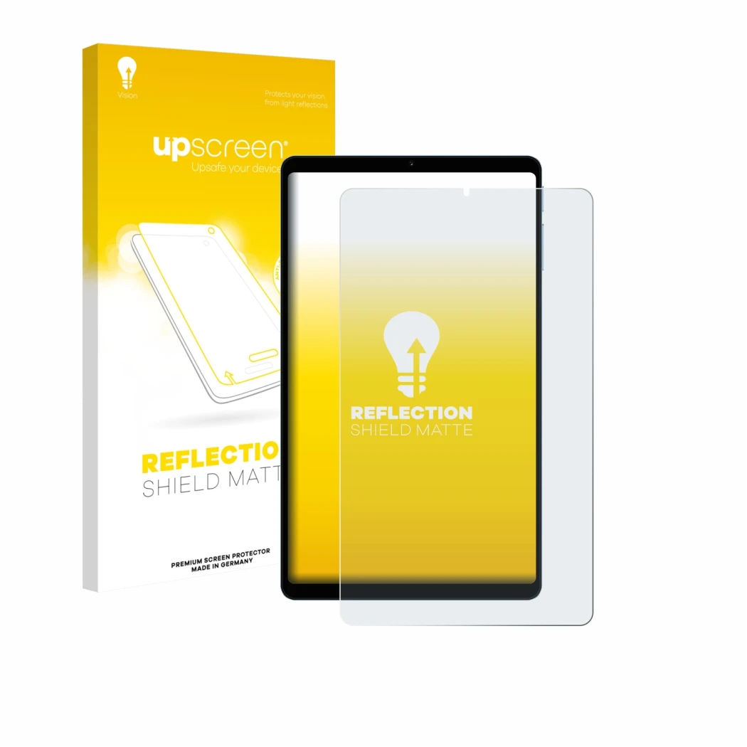 Parte frontale di una confezione del prodotto con il logo del marchio upscreen. Accanto è raffigurato il dispositivo Teclast T