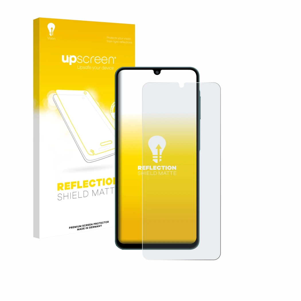 Parte frontale di una confezione del prodotto con il logo del marchio upscreen. Accanto è raffigurato il dispositivo Samsung G