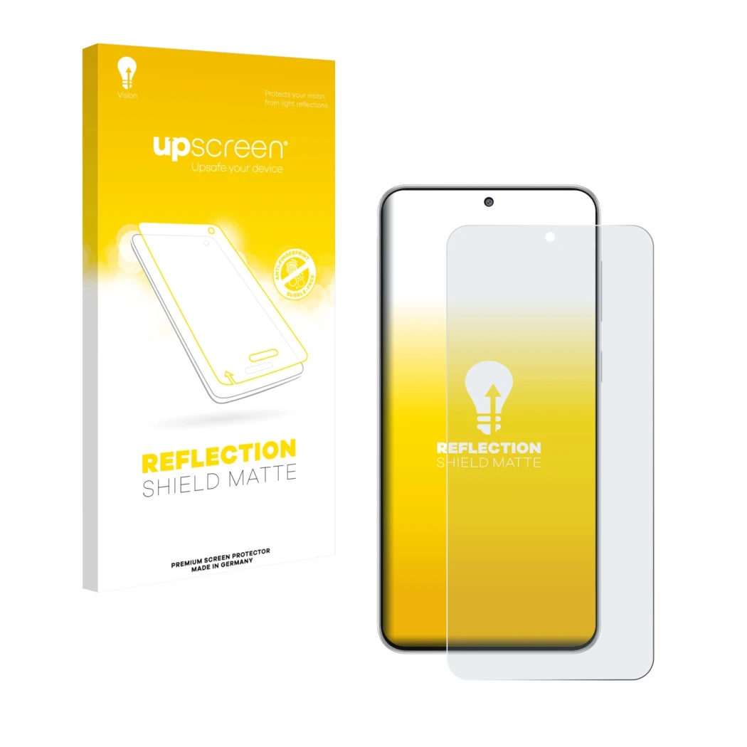 Parte frontale di una confezione del prodotto con il logo del marchio upscreen. Accanto è raffigurato il dispositivo Samsung G